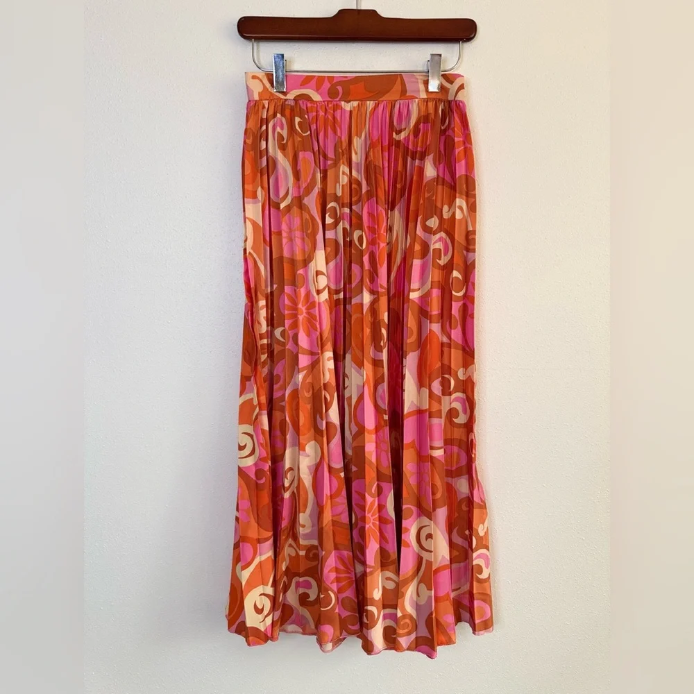 NWT ASOS DESIGN Pleated Midi Skirt Retro Floral Pink Orange US 4